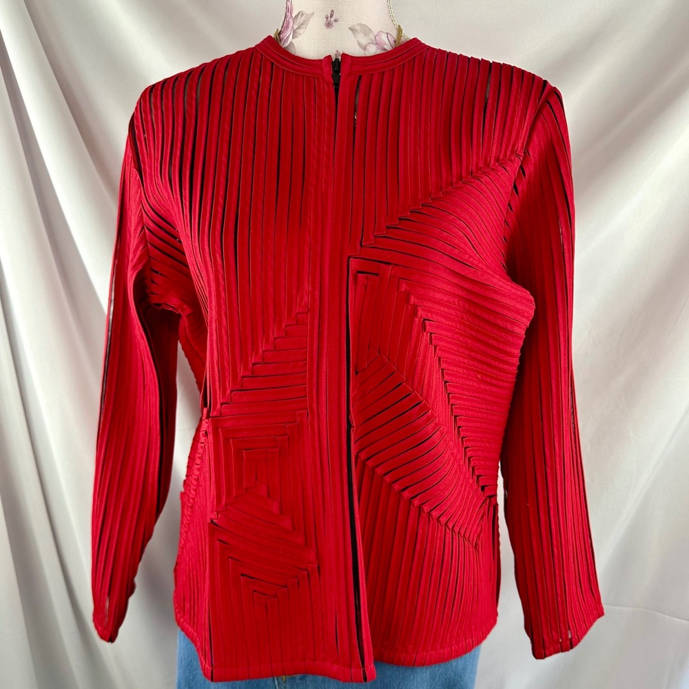 Vintage Laura Ashley Red Applique Ribbon Mesh Jacket Petite Medium Avant Garde - Picture 7 of 17